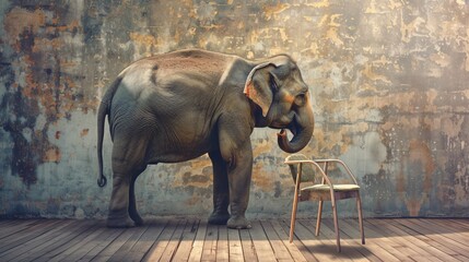 an elephant standing next to a chair - obrazy, fototapety, plakaty