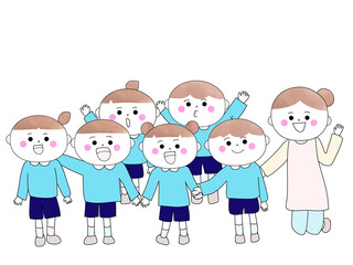 集合　子どもたち　先生　笑顔　記念写真