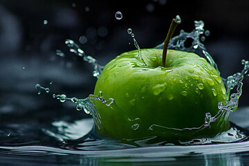 A green apple fell into the water. Splashes of water