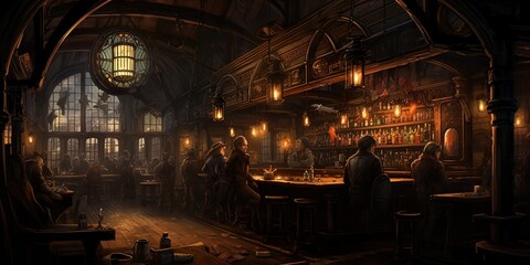 old pub bar scene. Wide format.