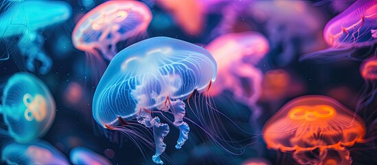 A group of underwater jellyfish with bright fluorescent tentacles peacefully drift in the ocean. They gracefully move with the currents, creating a mesmerizing sight in their aquatic habitat. - obrazy, fototapety, plakaty