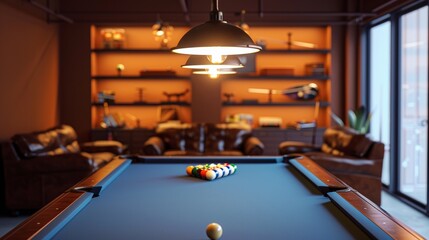 A fun, energetic game room using BurntSienna walls, Brown leather sofas, and Blue pool table felt. BlanchedAlmond shelving for games and Bronze lighting fixtures create a welcoming space for entertain - obrazy, fototapety, plakaty
