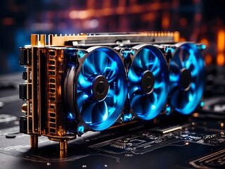 video gaming fast fps graphics card or board hardware for gamers PC or crypto mining rigs setup design as wide banner commercial design with copy space area.