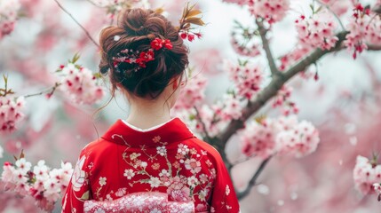 rear view of an asian woman wearing a red kimono standing infront of blooming cherry trees