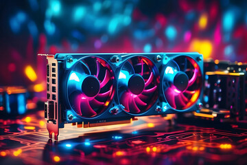 video gaming fast fps graphics card or board hardware for gamers PC or crypto mining rigs setup design as wide banner commercial design with copy space area.