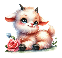 Cute little goat with a flower. Watercolor illustration - 751371593