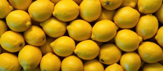 A vibrant display of juicy lemons in a market. The vibrant yellow fruits are stacked neatly next to each other, showcasing their refreshing taste and health benefits. Rich in vitamin C, lemons are a