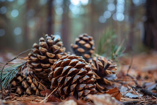 a group of pine cones on the ground