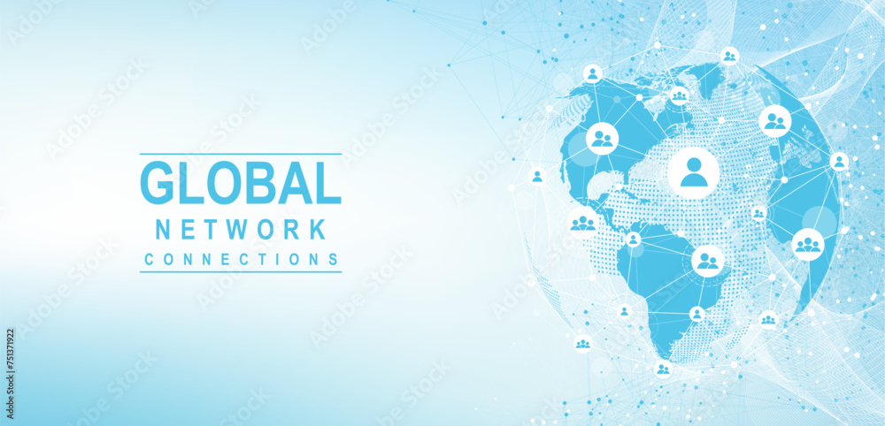 Poster Global network connection concept. Big data visualization. Social network communication in the global computer networks. Internet technology. Business. Science. Vector illustration