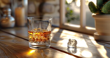a glass of whiskey and ice on a table - obrazy, fototapety, plakaty