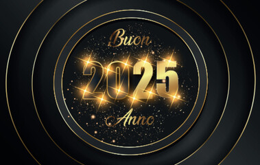 biglietto o striscione per augurare un felice anno nuovo 2025 in oro e nero con stelle scintillanti in quattro cerchi dorati su sfondo nero