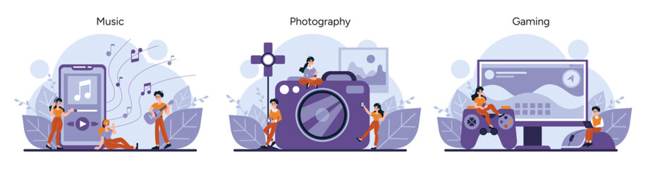 People enjoy music near a giant smartphone, a photographer by a large camera, gamers near a computer setup