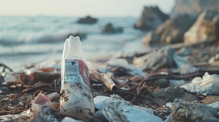 Plastic Bottle on Beach by the Ocean. Generative AI