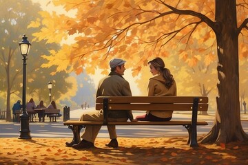 "A serene park bench moment, a couple engrossed in quiet conversation, the golden hues of autumn leaves surrounding them in a tapestry of shared warmth and connection."