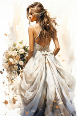 Watercolour illustration of bride, girl standing back in light dress with bouquet of flowers