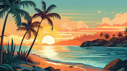 Summer tropical beach landscape background. Exotic paradise beachside on sunset.