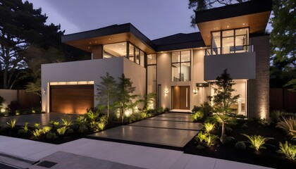 luxurious modern house exterior with elegant lighting as dusk falls, casting a warm and inviting glow over the landscape