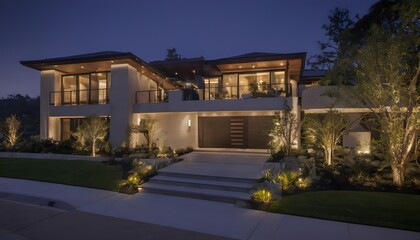 Fototapeta na wymiar luxurious modern house exterior with elegant lighting as dusk falls, casting a warm and inviting glow over the landscape