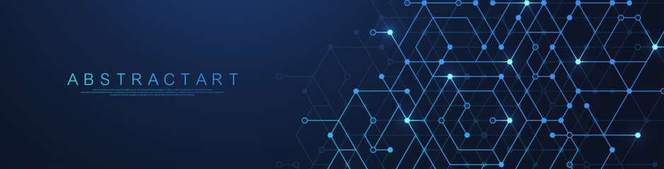 Technology abstract lines and dots connect background with hexagons. Hexagons connection digital data and big data concept. Hex digital data visualization. Vector illustration