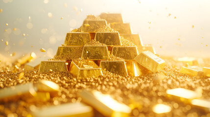Mountain of gold bars with floating ingots isolated on white background. generative ai - obrazy, fototapety, plakaty