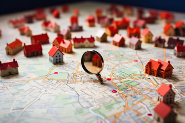 Illustration on the topic of planning a route or finding accommodation. Magnifying glass over a map...