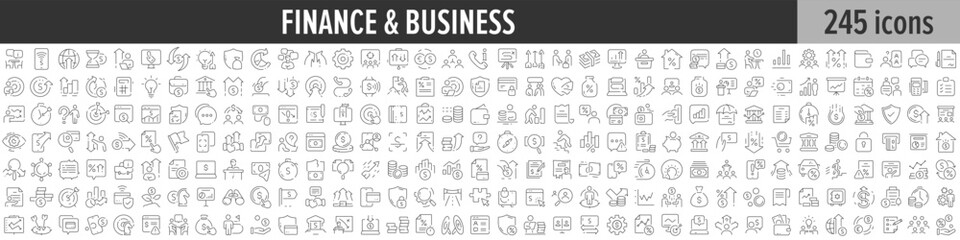 Finance and Business linear icon collection. Big set of 245 Finance and Business icons. Thin line icons collection. Vector illustration - obrazy, fototapety, plakaty