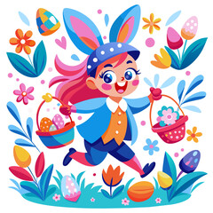 Easter bunny girl and easter eggs. Spring holiday. Cute and happy cartoon jumps, green grass. Kid with huge eyes and  rabbit ears. Retro greeting card for children. Kawaii. PNG, Vector illustration,