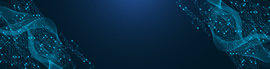 Quantum computer technologies concept. Futuristic blue circuit board background vector. Modern technology circuit board texture background design. Waves flow. Quantum explosion technology.