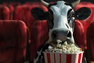 Fototapeta na wymiar a cow eating popcorn in a movie theater