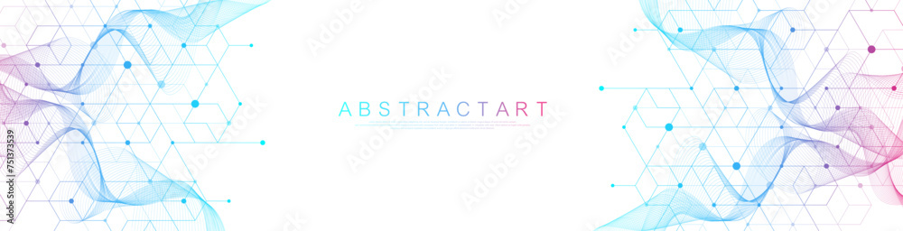 Fototapete Technology abstract lines and dots connect background with hexagons. Hexagons connection digital data and big data concept. Hex digital data visualization. Vector illustration