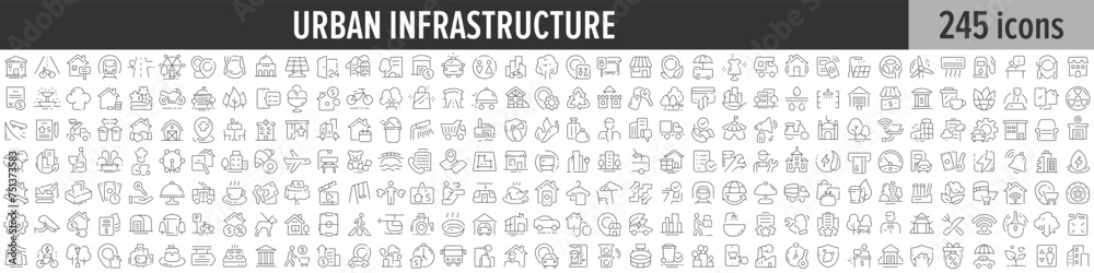 Poster urban infrastructure linear icon collection. big set of 245 urban infrastructure icons. thin line ic
