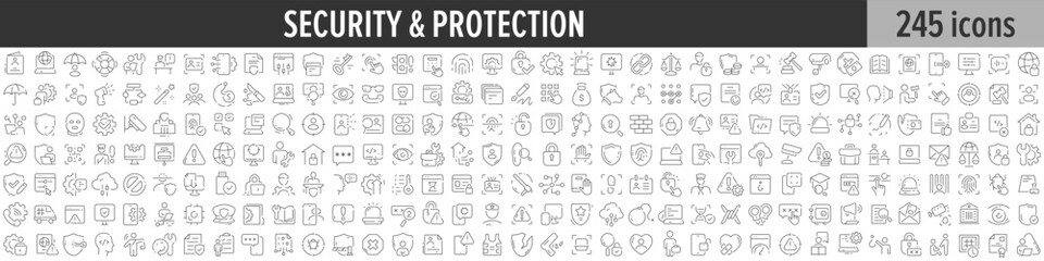 Fototapeta na wymiar Security and Protection linear icon collection. Big set of 245 Security and Protection icons. Thin line icons collection. Vector illustration