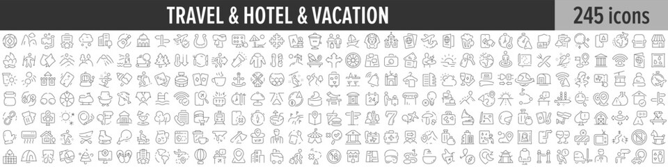 Fototapeta na wymiar Travel, Hotel and Vacation linear icon collection. Big set of 245 Travel, Hotel and Vacation icons. Thin line icons collection. Vector illustration