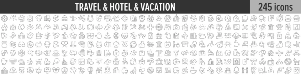 Papier Peint photo Far West Travel, Hotel and Vacation linear icon collection. Big set of 245 Travel, Hotel and Vacation icons. Thin line icons collection. Vector illustration