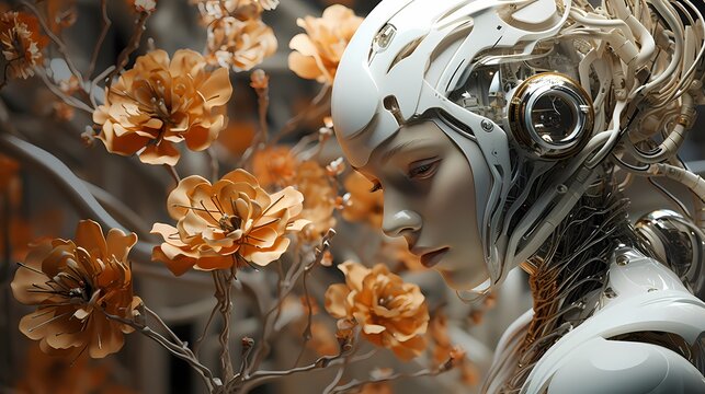 Ein weiblicher Roboter und wundersch&ouml;ne Bl&uuml;ten.