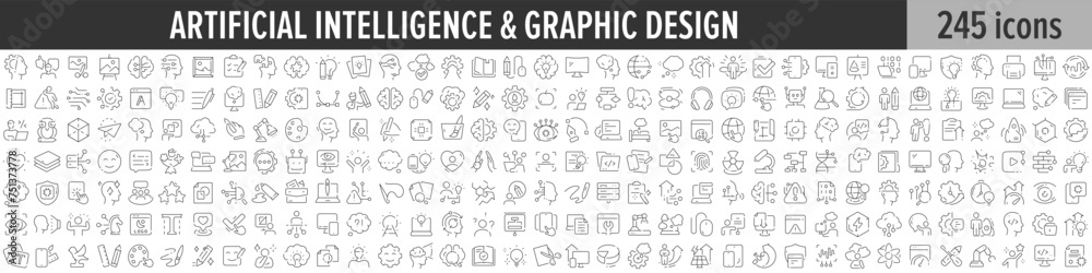 Aufkleber Artificial Intelligence and Graphic Design linear icon collection. Big set of 245 Artificial Intelligence and Graphic Design icons. Thin line icons collection. Vector illustration