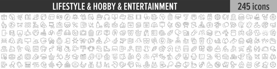 Lifestyle, Hobby and Entertainment linear icon collection. Big set of 245 Lifestyle, Hobby and Entertainment icons. Thin line icons collection. Vector illustration