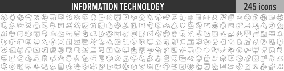 Information Technology linear icon collection. Big set of 245 Information Technology icons. Thin line icons collection. Vector illustration - obrazy, fototapety, plakaty