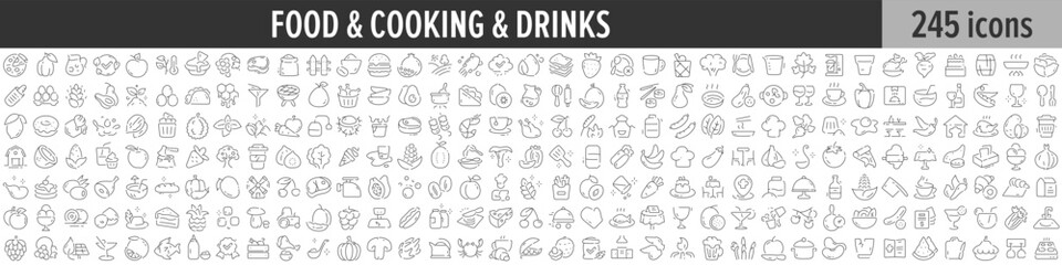 Food, Cooking and Drinks linear icon collection. Big set of 245 Food, Cooking and Drinks icons. Thin line icons collection. Vector illustration - obrazy, fototapety, plakaty