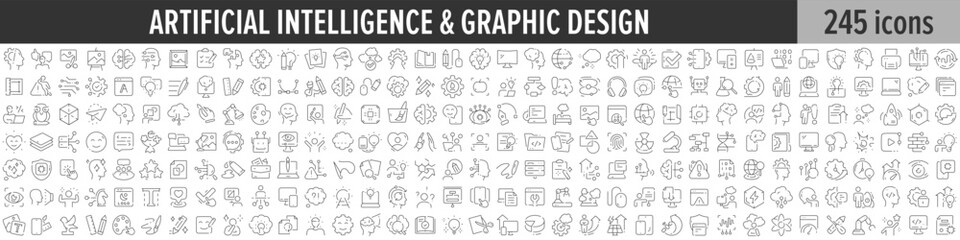 Artificial Intelligence and Graphic Design linear icon collection. Big set of 245 Artificial Intelligence and Graphic Design icons. Thin line icons collection. Vector illustration - obrazy, fototapety, plakaty