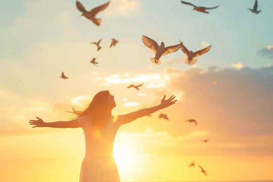 a woman with her arms outstretched and birds flying in the sky