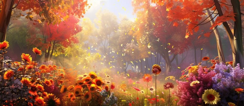 A detailed painting depicting a lush forest bursting with colorful flowers, creating a vibrant and lively scene. The flowers cover the ground and trees, adding a pop of color against the greenery.