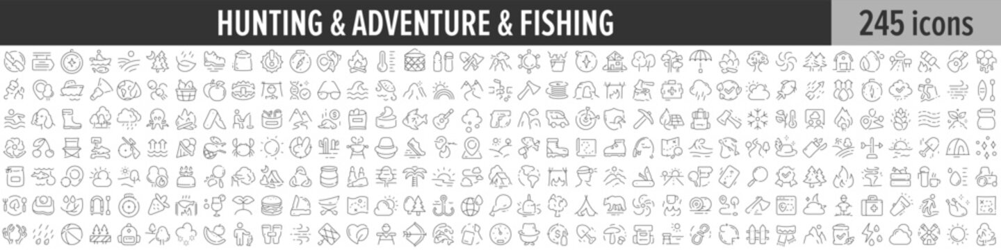 Hunting, Adventure and Fishing linear icon collection. Big set of 245 Hunting, Adventure and Fishing icons. Thin line icons collection. Vector illustration