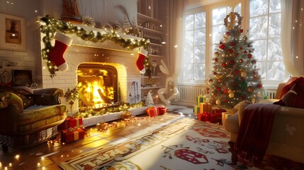 Fototapeta na wymiar fireplace with christmas tree and decorations
