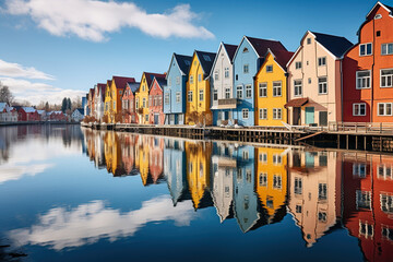 Street with colorful houses in Scandinavian style. Bright houses are reflected in the river. Generated by artificial intelligence