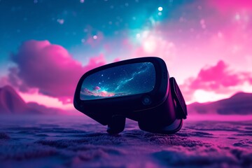 a goggles with a reflection of a galaxy in the background - obrazy, fototapety, plakaty