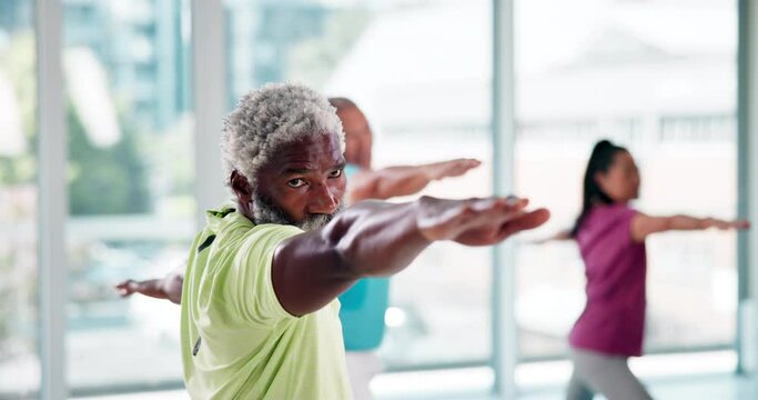 Fitness, class and senior people stretching for exercise, training and cardio workout in gym. Sports, retirement and elderly men and women with equipment for wellness, healthy body and yoga club