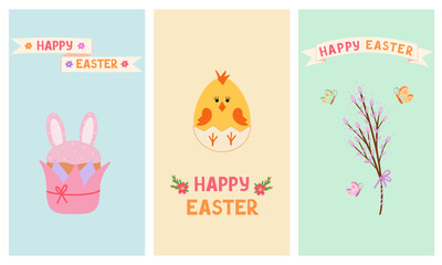 Fototapeta na wymiar Happy Easter cards, chick in shell, cake with bunny ears, willow branch. Vector Illustration for backgrounds and packaging. Image can be used for card, poster, sticker. Isolated on white background.