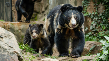 A spectacled bear and her cub walk together, surrounded by lush greenery.