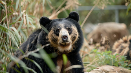 A solitary spectacled bear amidst green foliage looks forward gently.